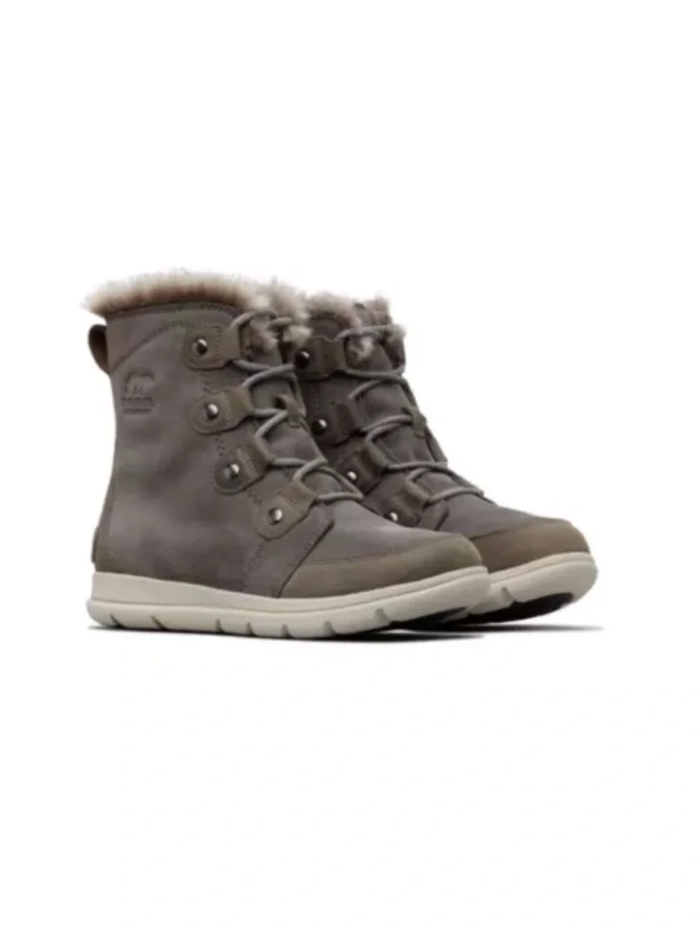 SOREL EXPLORER JOAN BOOTS WOMEN'S Taupe Faux-Fur Lace-Up Winter Boots